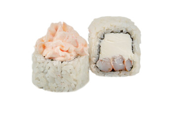 Sushi rolls with rice close-up on a white background.