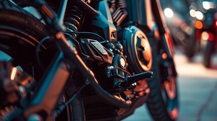 Close-Up View of Modern Motorcycle Engine and Components Illuminated in Warm Evening Light,...