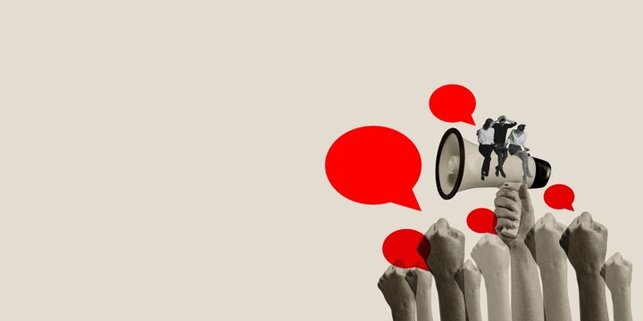 Young people sitting on megaphone with many hands and speech bubble. Opinion of society. Contemporary art collage. Concept of voting day, democracy, politics, choice, freedom, opinion. Noise effect
