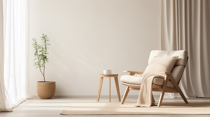 Fototapeta na wymiar a tranquil corner with a comfortable armchair, wooden side table, potted plant, and soft natural lighting, creating a peaceful ambiance