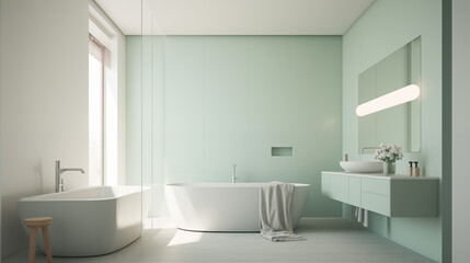 Fototapeta na wymiar a serene bathroom with a freestanding tub, minimalist design, soft lighting, and a harmonious pastel color palette.