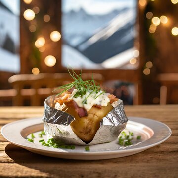 Ofenkartoffel mit Speck und Sauerrahm, serviert auf einer Skih&uuml;tte