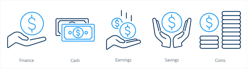 A set of 5 Finance icons as finance, cash, earning