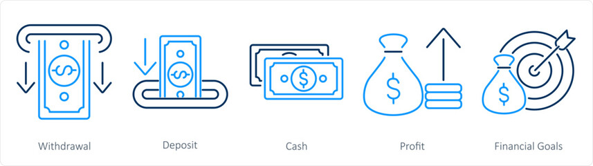 A set of 5 Finance icons as withdrawal, deposit, cash