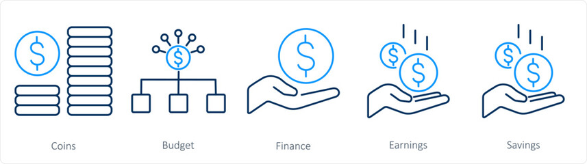 A set of 5 Finance icons as coins, budget, finance