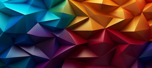Abstract wide rainbow colors texture with geometric triangular 3d triangles pattern wall background banner illustration, textured backdrop for design web, wallpaper