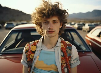 Young man posing by vintage cars, roadside attractions for a sense of adventure, '90s road trip attire, in the style of film photography from the 1990