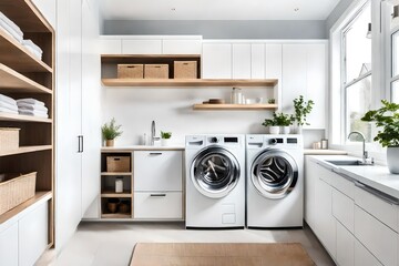 Bright modern and impeccably clean laundry room featuring a washing machine and dryer, seamlessly integrated with thoughtfully designed shelves.