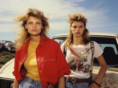 Two girls, posing by vintage cars, roadside attractions for a sense of adventure, '90s road trip attire, in the style of film photography from the 1990
