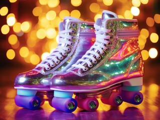 Retro roller skates, roller disco scene, funky '90s outfits, in the style of film photography from the 1990