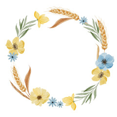 Watercolor floral wreath with blue-yellow wildflowers. Greeting template for you design. 