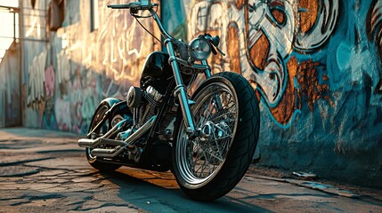 Custom Black Motorcycle Parked on Cobblestone Street Against Graffiti Wall at Sunset
