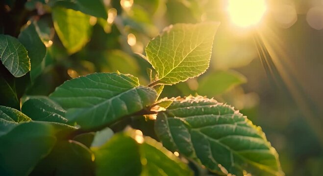 Green plant leaves illuminated by sunlight rays.