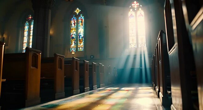 A church with rays of light streaming through stained glass windows. The concept of spirituality and peace.
