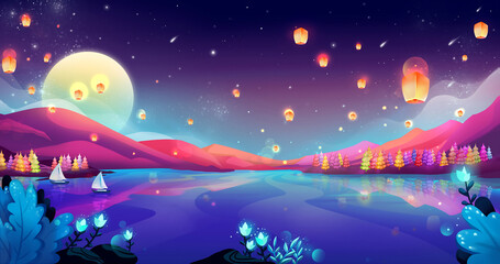Naklejka premium Chinese sky lanterns in vibrant colors flying over a mystical blue lake at starry night