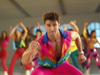 workout retro videos vibe, people in colorful fitness attire, showcasing aerobics and dance moves, in the style of film photography from the 90s