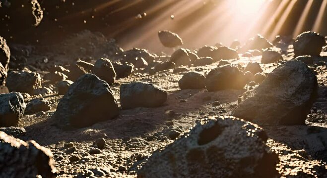 Stony boulders on the surface with rays of the sun. The concept of nature and geology.