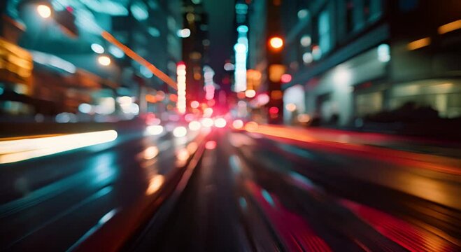 Long exposure of city streets at night, showing blurred lights of moving cars. The concept of urban dynamics.