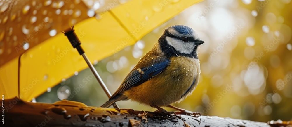 Poster Blue tit under a natural umbrella during autumn rain. with copy space image. Place for adding text or design