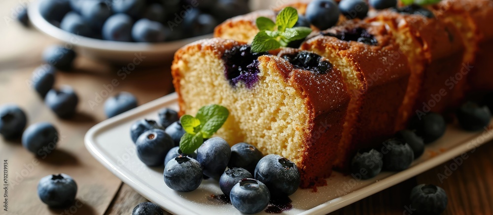 Aufkleber Blueberry loaf pound cake with fresh blueberries. with copy space image. Place for adding text or design