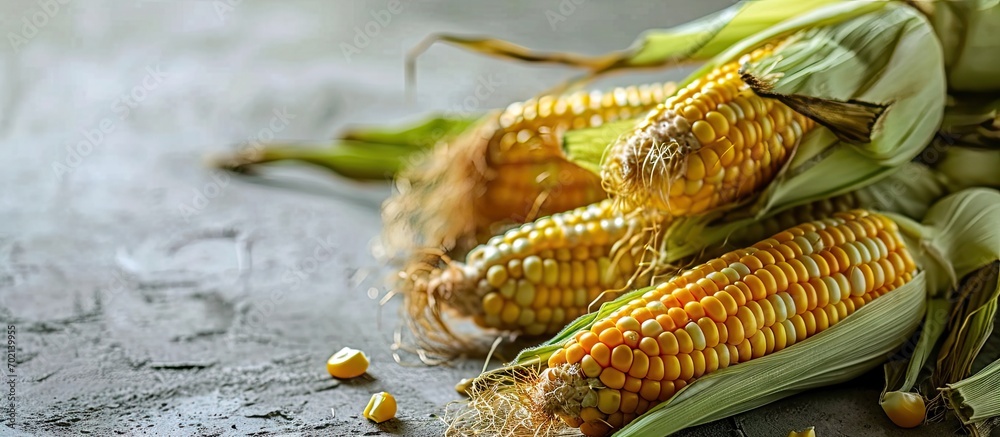 Poster fresh corn on the stalk in a field yellow corn sweet corn. with copy space image. place for adding t
