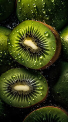 Fresh Kiwis Top View Background Concept With Visible Drops Of Water - Generative AI
