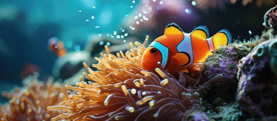 A clown fish swimming in the safety of it s anemone home in Mozambique. with copy space image. Place for adding text or design - obrazy, fototapety, plakaty