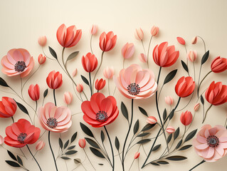 Colorful floral pattern design with tulips spring blooms. Red and rose main colors, white background, space for copy, paper style, front view.