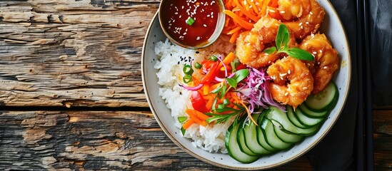 bang bang shrimp rice bowl with fried shrimps shredded red cabbage tomatoes sweet red pepper and green onions topped with bang bang sauce on wooden table horizontal view from above close up