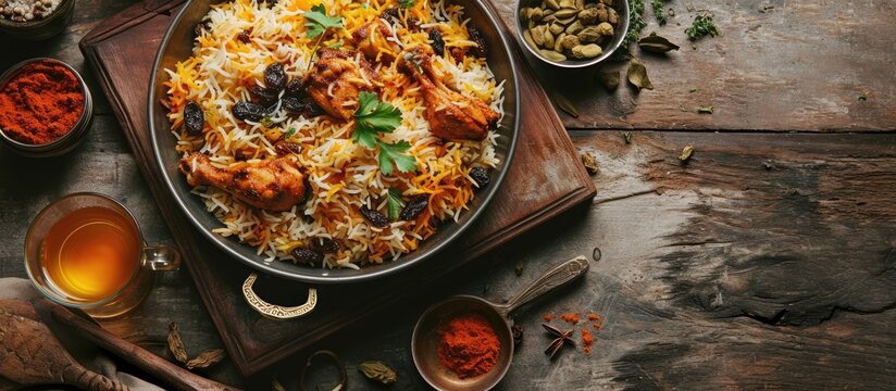 Biryani with Spiced Chiken and Raisin Served on Turlish Chopper Pan with Tea. with copy space image. Place for adding text or design