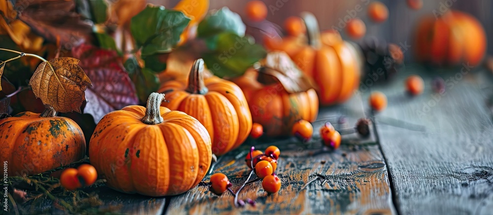 Poster autumn and thanksgiving table decoration with orange mini pumpkins. with copy space image. place for