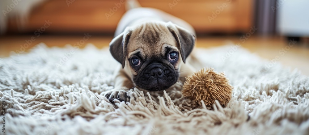 Poster a pug puppy plays with a bright blue soft toy made of faux fur on a light carpet. with copy space im