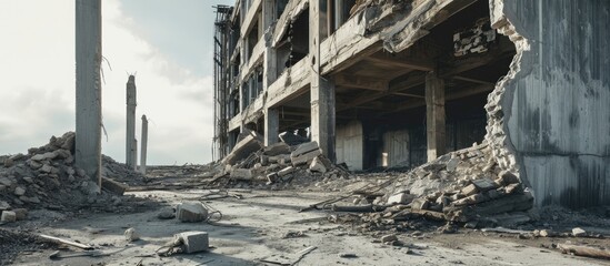 A pile of gray concrete debris against the remains of a large destroyed building Background. with copy space image. Place for adding text or design