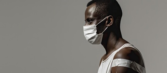 Coronavirus Vaccination Portrait Of Vaccinated African Guy Wearing Protective Face Mask Looking At Camera Posing With Adhesive Tape On Arm After Vaccine Injection Over White Background - obrazy, fototapety, plakaty