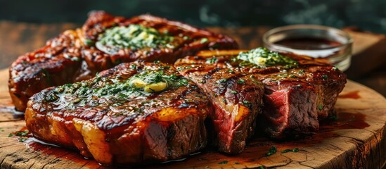 Grilled Medium rare steak Ribeye with herb butter on cutting board. with copy space image. Place for adding text or design