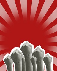 Human hands raising fists up over red background. Election, social changes. Contemporary art...