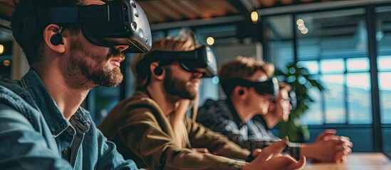 Business team using virtual reality headset in office meeting Developers meeting with virtual reality simulator around table in creative office. with copy space image. Place for adding text or design