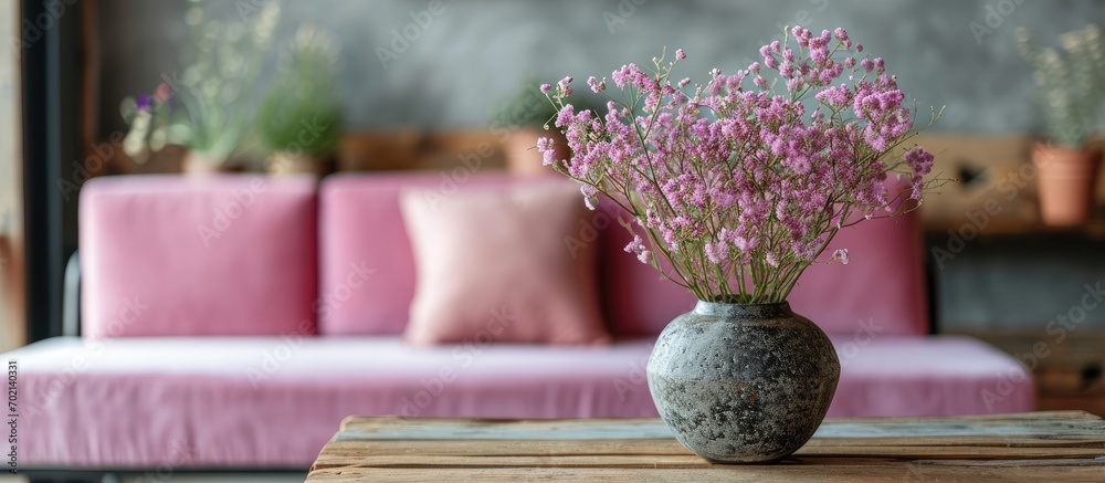 Poster dry flowers in pottery vase on small wooden table next to velvet pink couch in grey living room. wit