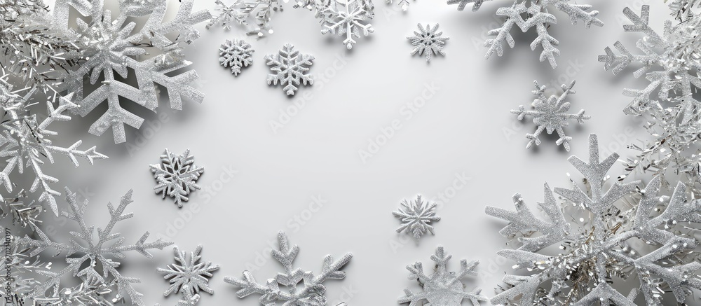 Aufkleber christmas frame with silver and white snowflakes isolated on white. with copy space image. place for