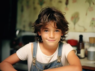 brunette child boy is sitting at the table and smiling at camera, in the style of film photography from the 90s