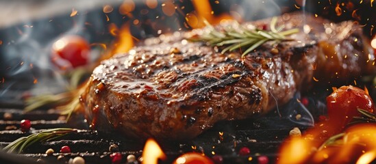 A top sirloin steak flame broiled on a barbecue shallow depth of field. with copy space image. Place for adding text or design