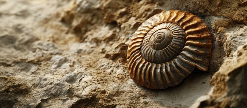 Ancient mollusk shell fossilized in clay Mollusk fossil. with copy space image. Place for adding text or design