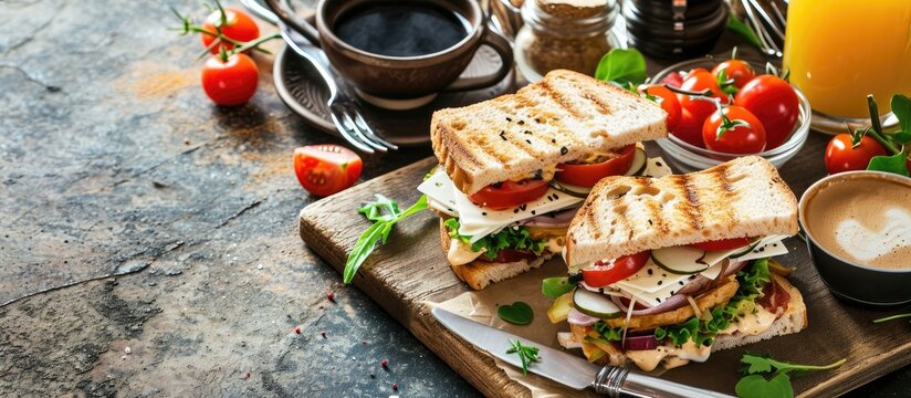 Breakfast with club sandwiches with fresh tomatoes lettuce and cucumbers salmon trout coffee and freshly squeezed juice on white stone concrete table top view copy space. with copy space image