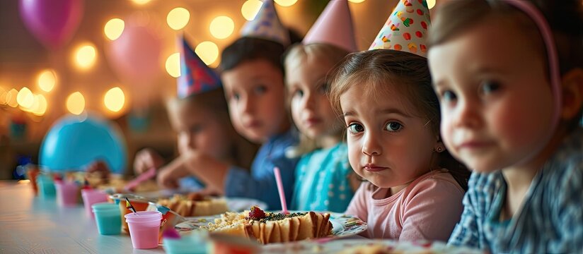 Bored children wearing party hat while sitting at table during birthday. with copy space image. Place for adding text or design