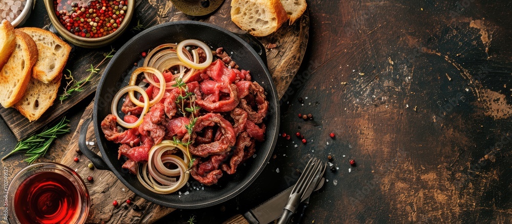 Aufkleber Beef tartare dish with onion rings served with toast bread. with copy space image. Place for adding text or design