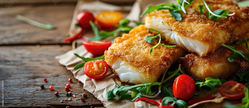 Aufkleber Fish dish fried cod fillet with potatoes and vegetable salad on wooden table. with copy space image. Place for adding text or design
