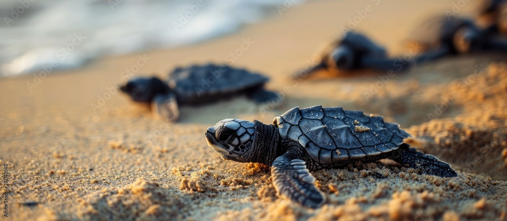 Poster endangered young baby turtles in warm evening sunlight being released at a beach in sri lanka fighti