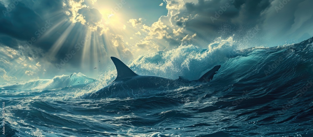 Aufkleber big ocean wave breaks under sun light with cloudy sky Big bull shark hunting underwater and two dolphins playing at surface. with copy space image. Place for adding text or design