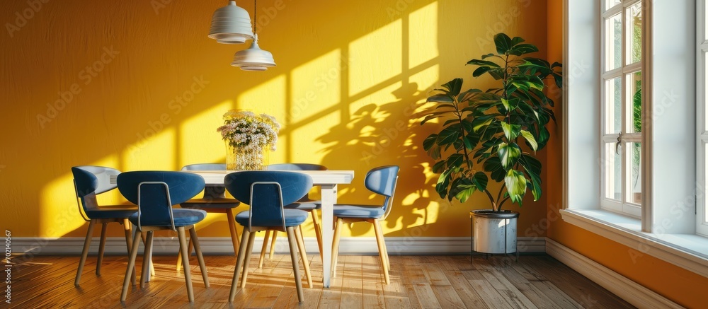 Poster a dining room with yellow walls and wooden flooring two blue chairs and a white table in the corner. with copy space image. Place for adding text or design