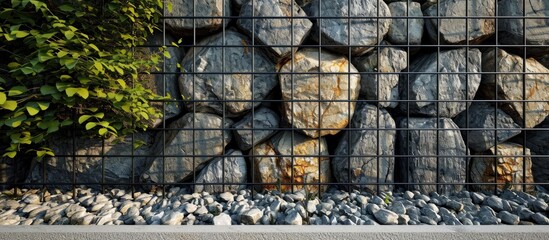 Front fence made of river stones and aggregate in wire cages. with copy space image. Place for adding text or design